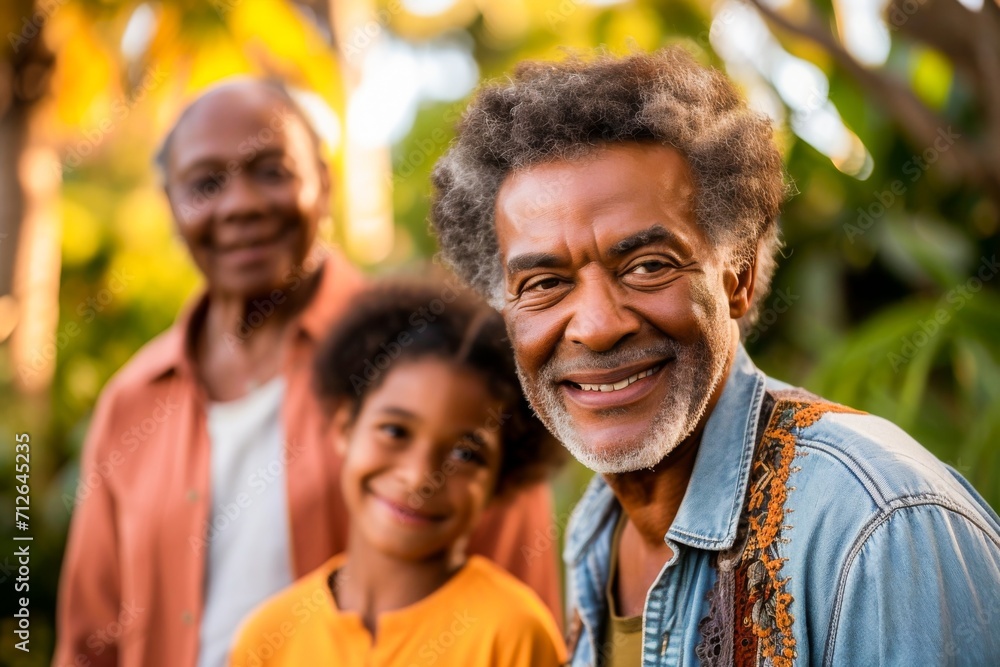A heartwarming multi-generational family portrait outdoors, featuring a happy African American grandparent with a grandchild.