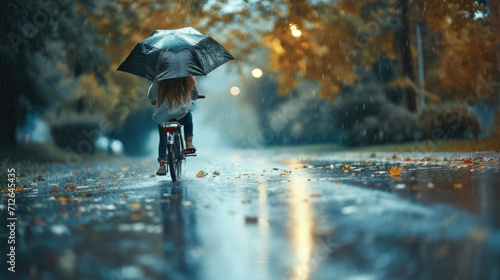Autumnal Ride: Woman Cycling Through Rain-Drenched Park