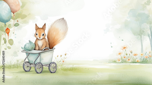 copy space, birthday card in watercolor style, pastel colors, sweet pram in some grass with a bird and squirrel sitting on it. Cute birth announcement card. Template voor birth cards, cute baby announ photo