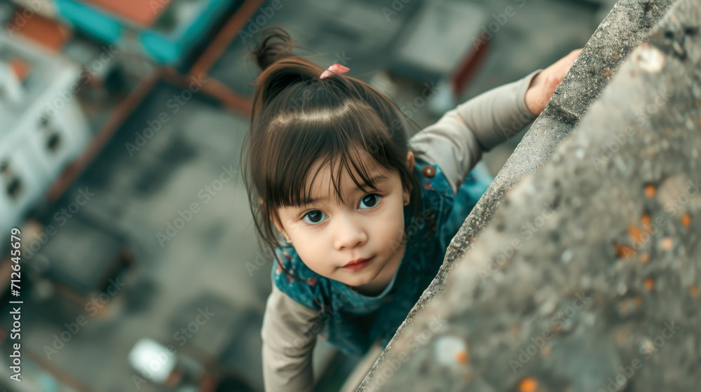 Curious Toddler Peering Over Concrete Ledge Curious Toddler Peering Over Concrete Ledge
