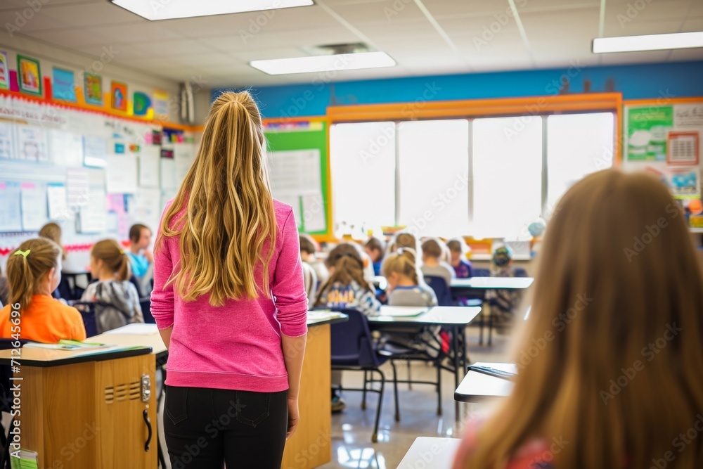 Teacher standing in front of a classroom full of students engaged in learning activities. Teacher standing in front of a classroom full of students engaged in learning activities.