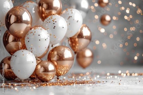 palloncini oro e argento con coriandoli dorati per festa di compleanno su sfondo bianco