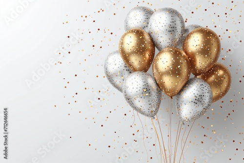 palloncini oro e argento con coriandoli dorati per festa di compleanno su sfondo bianco photo