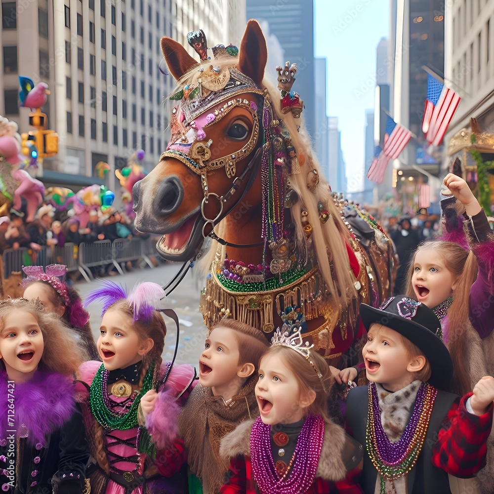 carnival Mardi gras in USA, Children and a horse in costumes for the Mardi Gras celebration