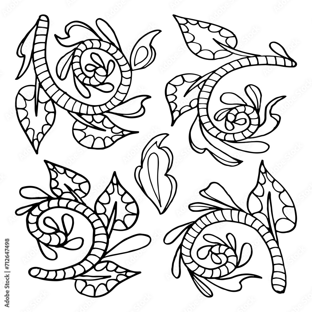 Coloring page branches with leaves Hand drawn doodle illustration.
