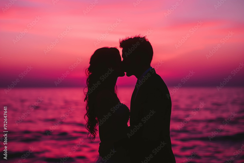 Silhouette of a young couple in love kissing on background of the pink sky during sunset.