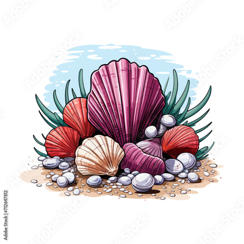 Cartoon seashells on a beach. Vector illustration