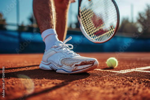 A professional tennis player's agile legs showcase dynamic movement, gripping a racket tightly while a tennis ball hovers mid-air in this intense sports close-up. © NS