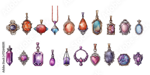 Watercolor pendant vector illustration of vintage and traditional necklaces, gems stone jewelry pendant set watercolor on isolated background