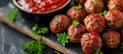 Appetizers featuring meatballs and sauce for dipping photo