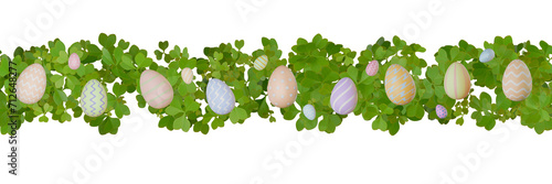 Easter eggs with green clover leaves. Border banner 3d rendering