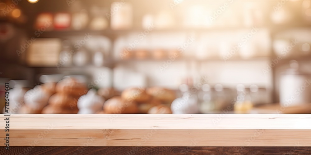 Product display on wooden table with blurred store background and bokeh lights, blank wood shelf surface with blurred cafe shop for food banner. Mockup template.