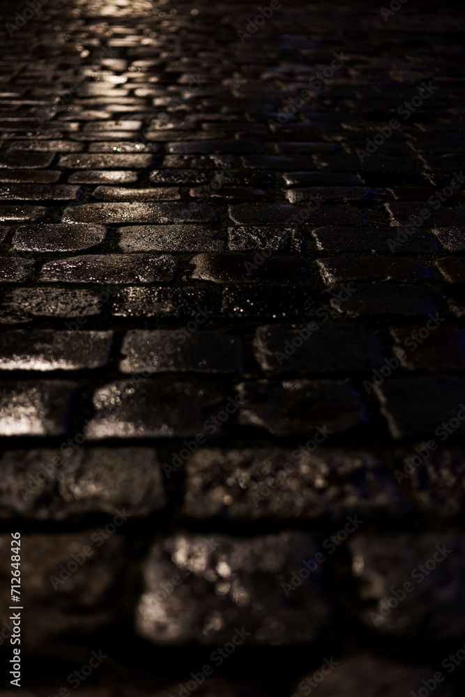 Wet road paved with stone cobblestones. Reflection in the light of a lantern. Night. Wet road paved with stone cobblestones. Reflection in the light of a lantern. Night.