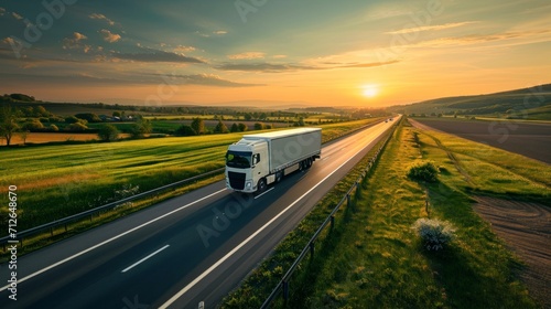 highway truck on a big road in a beautiful sunrise or sunset in high resolution