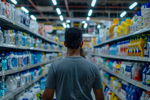 man pushing a cart and looking at the shelves of canned goods