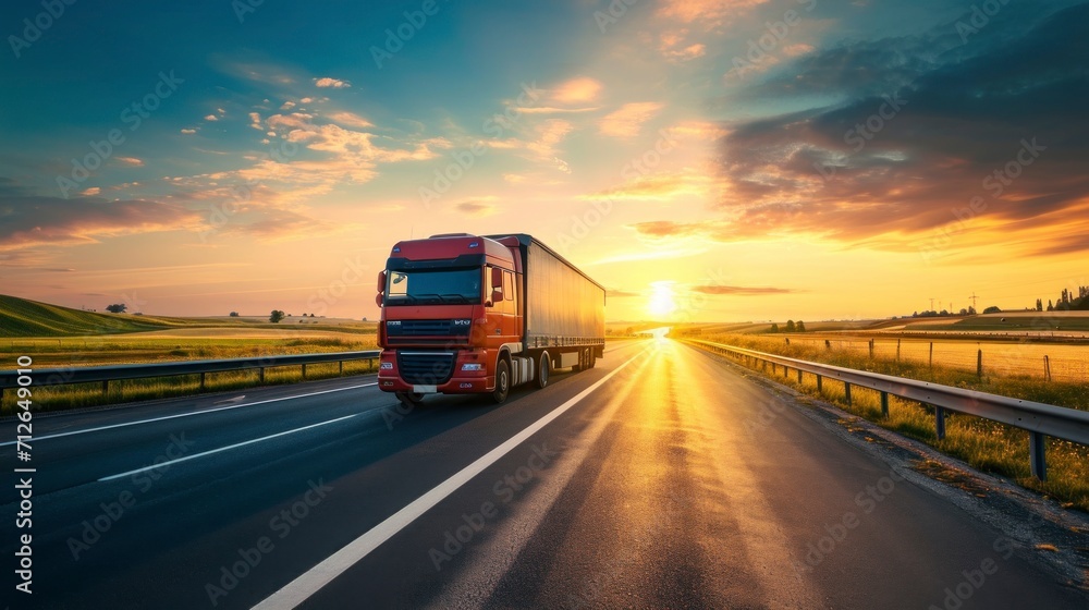 highway truck on a large road in a beautiful sunrise or sunset in high resolution and quality. transportation concept 4k