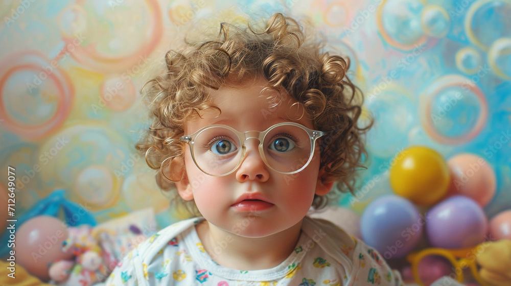 An artistic portrait of a curly-haired baby wearing glasses, surrounded by soft, pastel-colored toys, exuding a sense of comfort and happiness in a visually soothing environment. An artistic portrait of a curly-haired baby wearing glasses, surrounded by soft, pastel-colored toys, exuding a sense of comfort and happiness in a visually soothing environment.