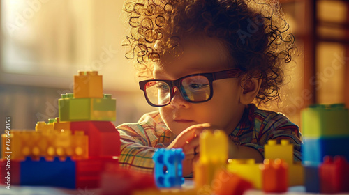 A visually delightful scene of a baby with curly hair wearing adorable glasses, engrossed in playful exploration with building blocks, showcasing the inherent curiosity and creativ photo