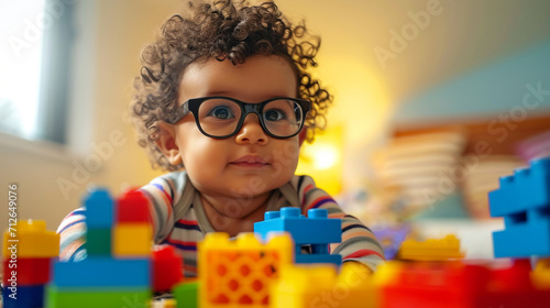 A visually delightful scene of a baby with curly hair wearing adorable glasses, engrossed in playful exploration with building blocks, showcasing the inherent curiosity and creativ