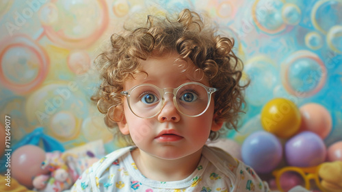 An artistic portrait of a curly-haired baby wearing glasses, surrounded by soft, pastel-colored toys, exuding a sense of comfort and happiness in a visually soothing environment. © Наталья Евтехова