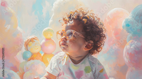 An artistic portrait of a curly-haired baby wearing glasses, surrounded by soft, pastel-colored toys, exuding a sense of comfort and happiness in a visually soothing environment.
