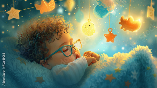 Wallpaper Mural A charming image of a curly-haired baby with glasses, nestled in a cozy blanket, captivated by the gentle sway of a mobile adorned with whimsical shapes, creating a visually enchan Torontodigital.ca