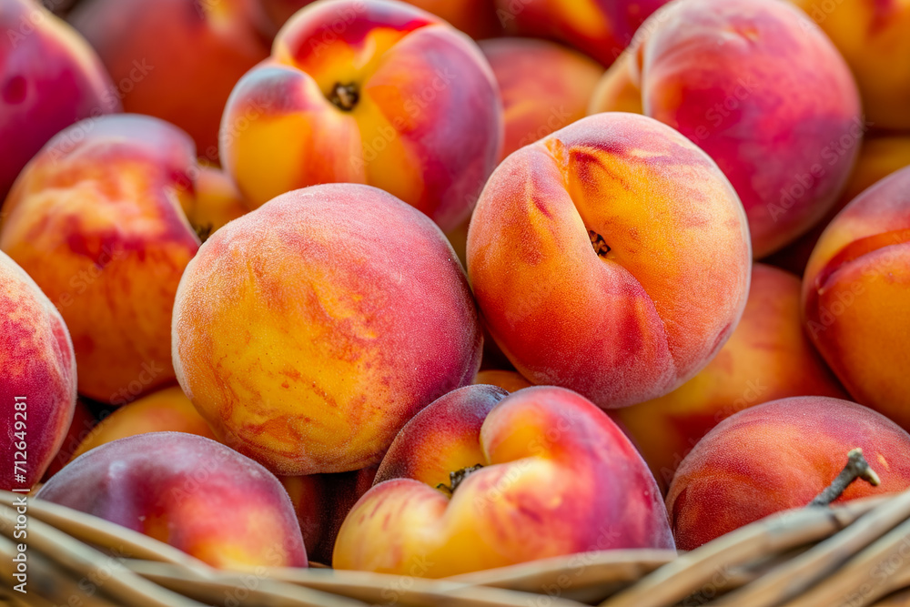 basket of fresh peaches, with a few still fuzzy basket of fresh peaches, with a few still fuzzy