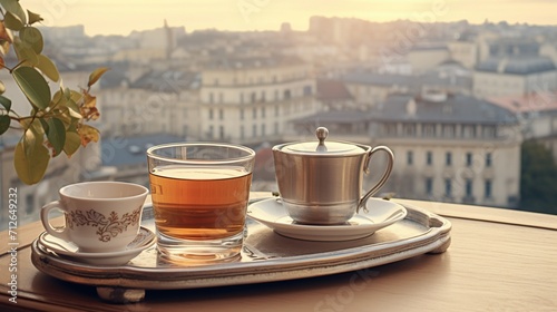 A cup of tea set on a vintage tray, blurred cityscape visible through a window in the background