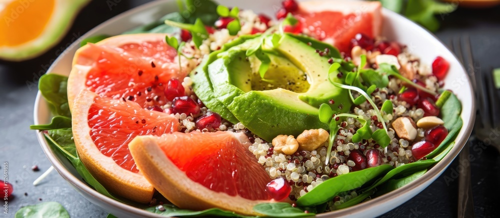 Vegan winter salad made by the chef with quinoa, spinach, avocado, grapefruit, pomegranate, nuts, and microgreens.