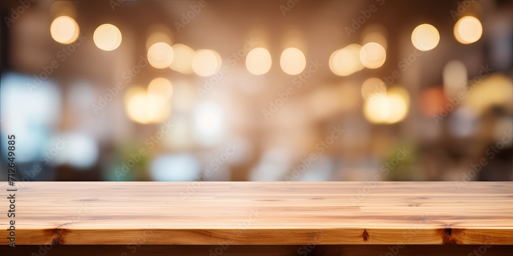 Empty wooden counter and shelves in a blurry retail shop with abstract bokeh lights, serving as a background for product display. Empty wooden counter and shelves in a blurry retail shop with abstract bokeh lights, serving as a background for product display.
