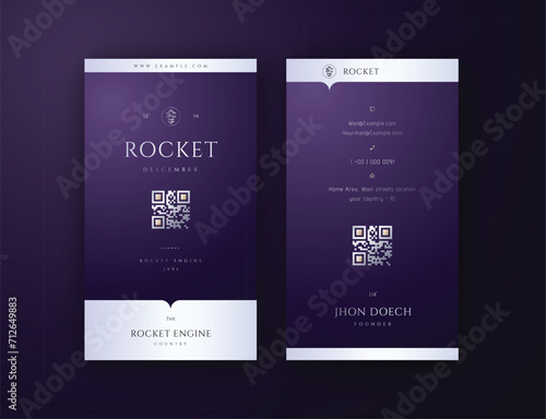 Dynamic Sophistication Vertical Business Card Dark Purple and Silver Business Card Infused with Masculine Professionalism, Featuring a QR Code