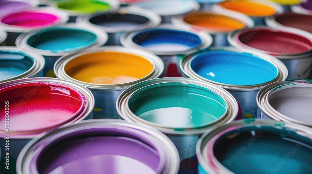 Several paint cans in multiple colors. Creativity and rainbow colors. Light reflecting from paint. Several paint cans in multiple colors. Creativity and rainbow colors. Light reflecting from paint.