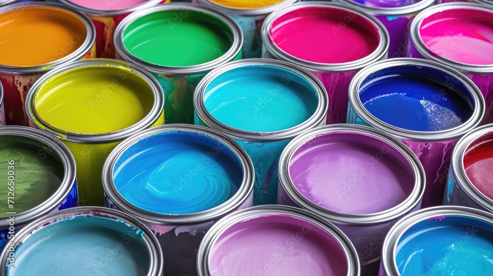 Colorful collection of open paint cans ready to be used for art. Colorful collection of open paint cans ready to be used for art.