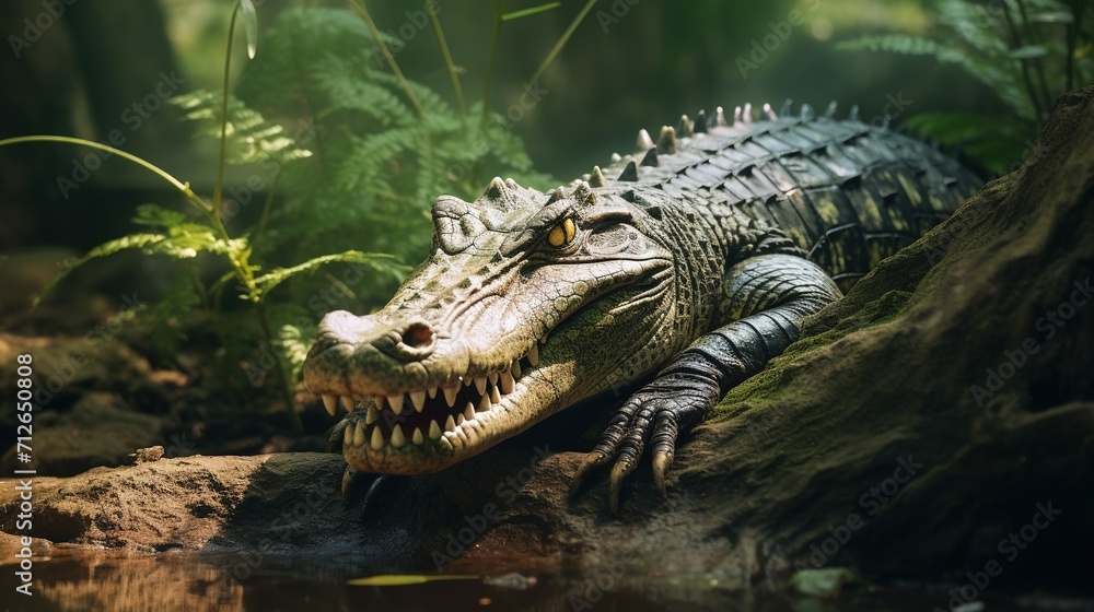 Fototapeta premium A crocodile basking in the sun near a riverbank
