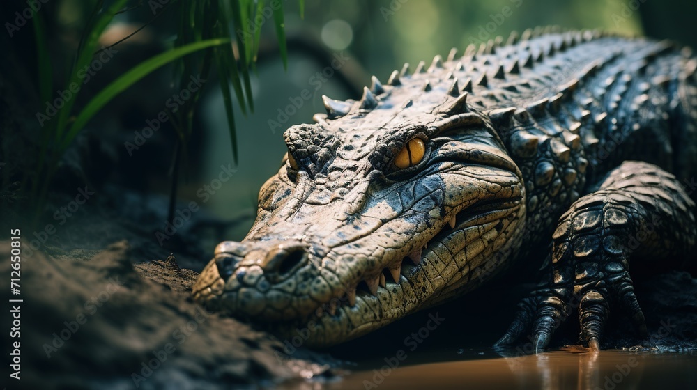 Fototapeta premium A crocodile basking in the sun near a riverbank