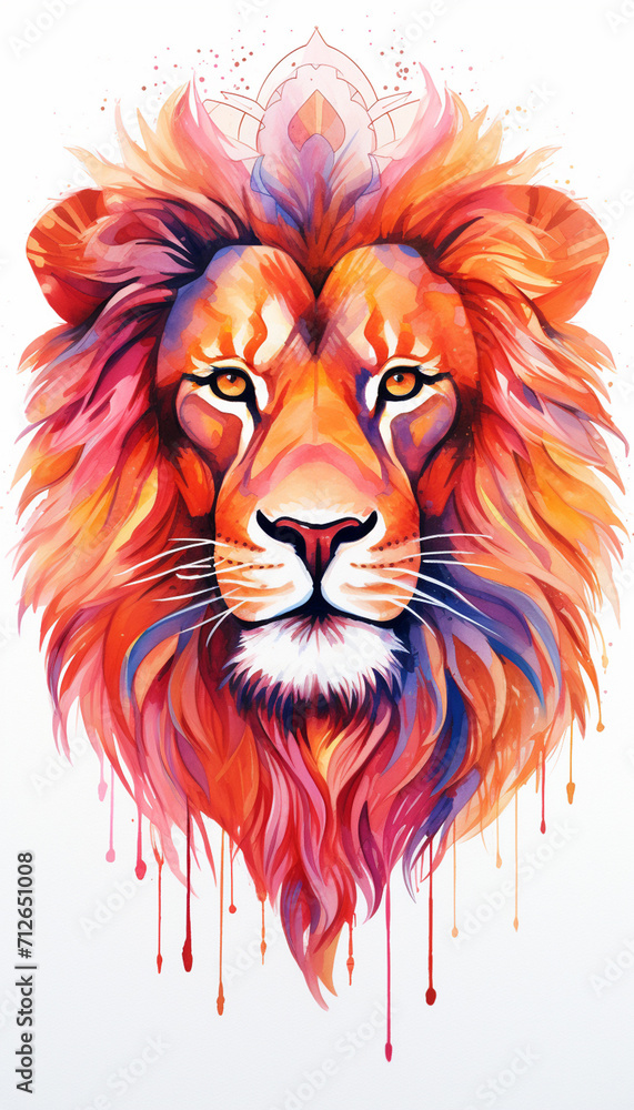 Lion head watercolor neon red gold colorful painting illustration isolated on white background , Generate AI