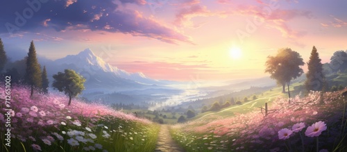 The blooming pink flowers, green nature, open sky, and shining sun are incredibly beautiful.