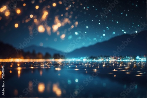 Abstract blurred bokeh defocused light lake at night star