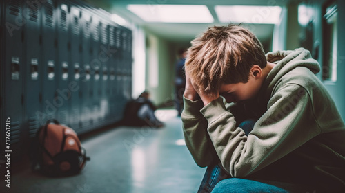 Stressed unhappy male adolescent, bullying in school. Generative AI photo