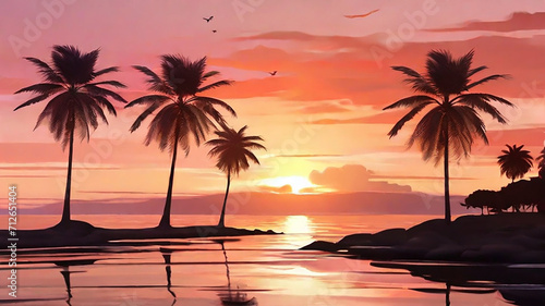 Sunset landscape with palm trees wallpaper © ParthoArt