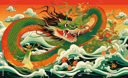 Golden dragon images in Chinese and Japanese styles set against a pastel gold background. © jambulart
