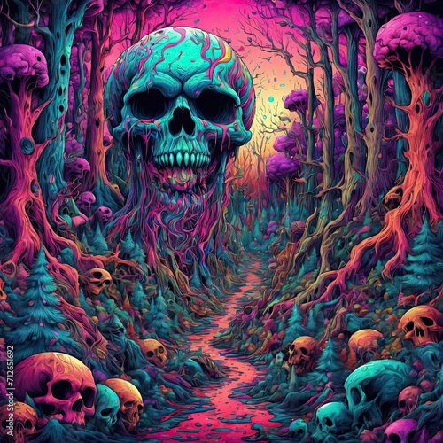 Psychedelic Fantasy - Close-up of a Trippy Monster, Cat, and Skull in a Surreal Forest with Melting Trees and Swirling Colors Gen AI photo