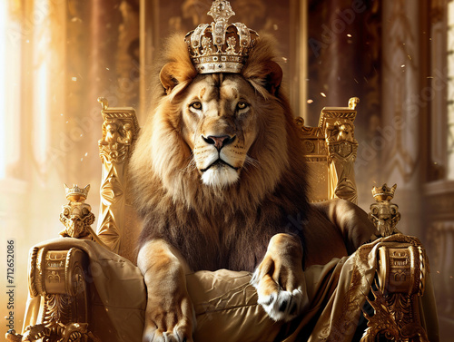 Proud lion with crown sitting on golden throne  medieval style  poster