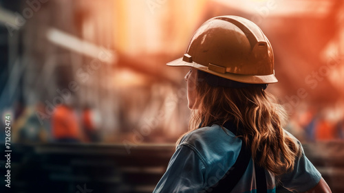 Skilled construction woman worker with a hard hat  building site. Generative AI