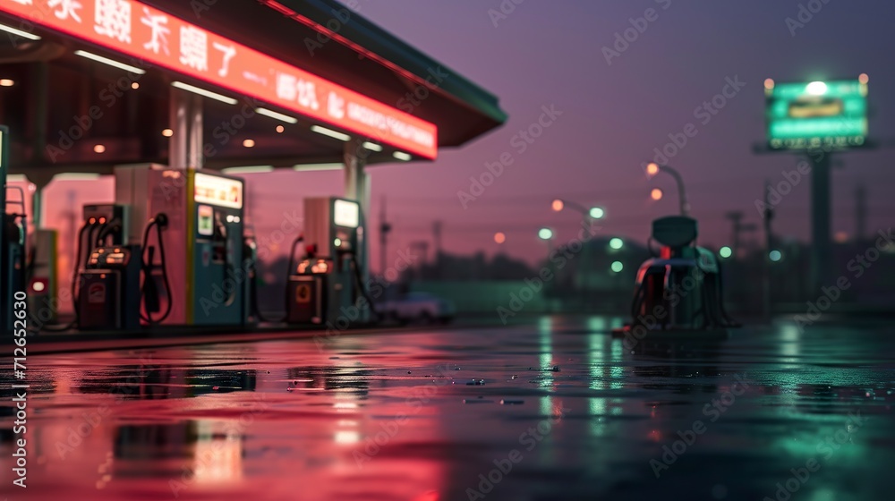 Blurred illustration of a gas station in an urban oasis. Gas station
