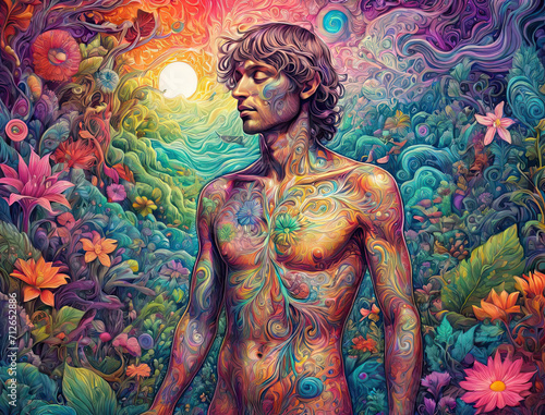Psychedelic Enchantment - Close-up of nude man in a passionate embrace amidst iridescent flora and fauna Gen AI photo