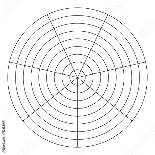 Wheel of life template. Circle diagrams of life style balance. Simple coaching tools for visualizing all areas of life. Polar grid. Blank polar graph paper. Segments infographic. Diagram wheel parts.
