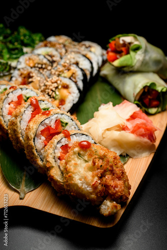 Focus on fried tempura sushi rolls in batter