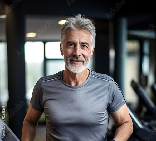 Portrait of a senior man exercising on the treadmill in a gym. Mature man running on a treadmill in healthy style. Gym and fitness concept.