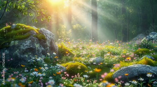 Sunlit glade with flowers photo